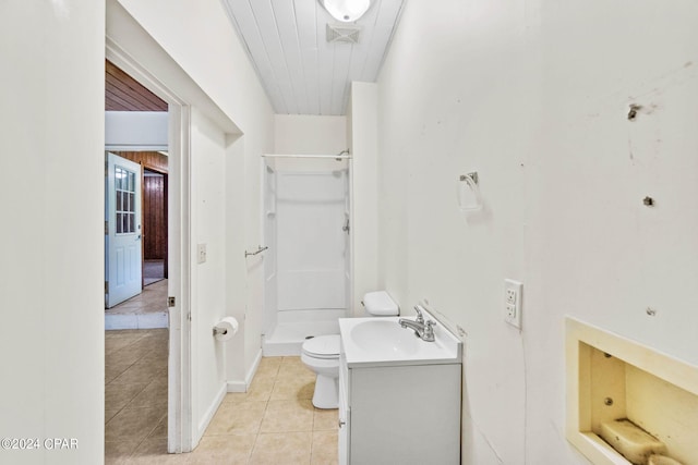 bathroom featuring walk in shower, vanity, tile patterned flooring, and toilet