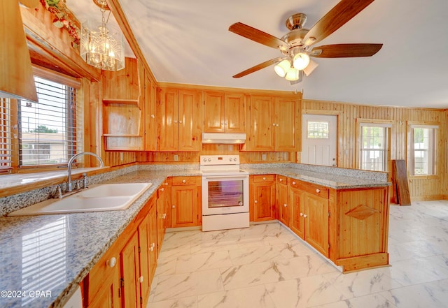 kitchen featuring light tile patterned floors, white electric stove, sink, and light stone countertops