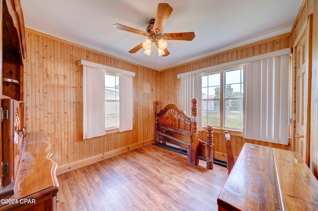 miscellaneous room with light wood-type flooring, wood walls, and a healthy amount of sunlight