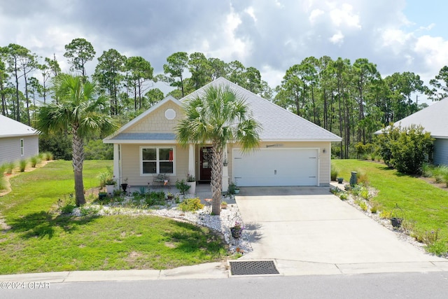 single story home featuring a garage and a front yard