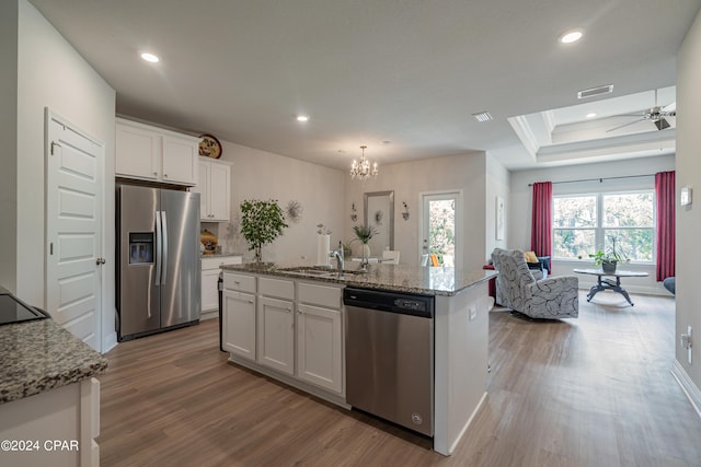 kitchen featuring white cabinets, stainless steel appliances, sink, a raised ceiling, and a kitchen island with sink