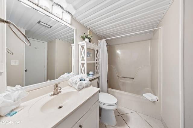 full bathroom featuring vanity, tile patterned flooring, toilet, and shower / bathtub combination with curtain