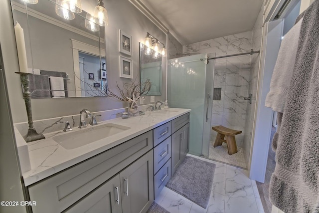 bathroom featuring crown molding, marble finish floor, a sink, and a marble finish shower