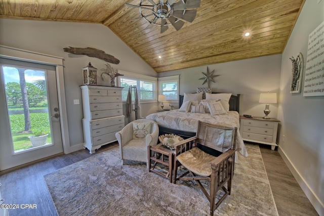 bedroom with wooden ceiling, wood finished floors, baseboards, vaulted ceiling, and access to exterior