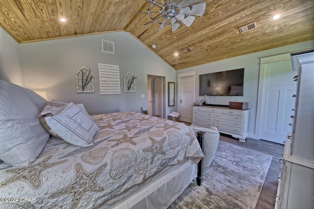 bedroom featuring recessed lighting, wood finished floors, visible vents, wood ceiling, and vaulted ceiling