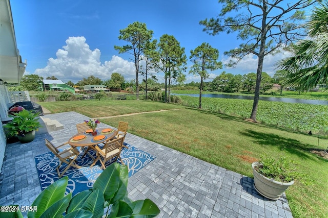 view of patio / terrace featuring a water view and area for grilling