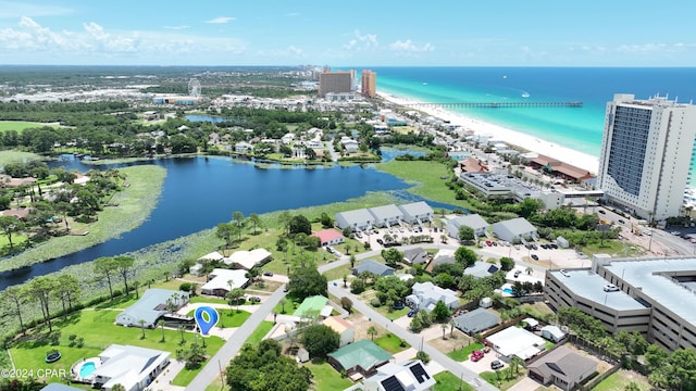 drone / aerial view with a water view