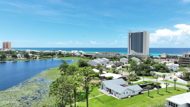 drone / aerial view featuring a water view