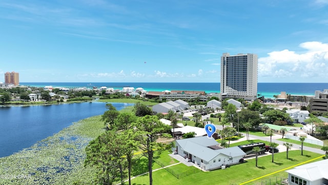 bird's eye view with a water view