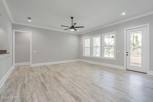 unfurnished living room featuring crown molding, ceiling fan, and light hardwood / wood-style floors