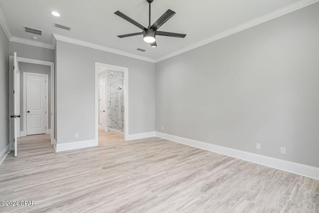 unfurnished bedroom with ceiling fan, ensuite bathroom, ornamental molding, and light wood-type flooring