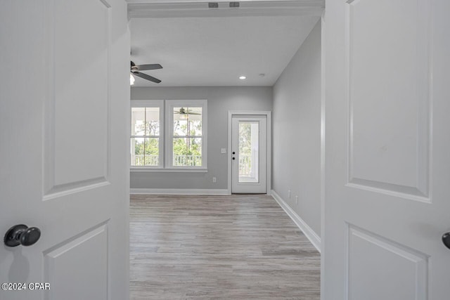 foyer entrance featuring ceiling fan and light hardwood / wood-style floors