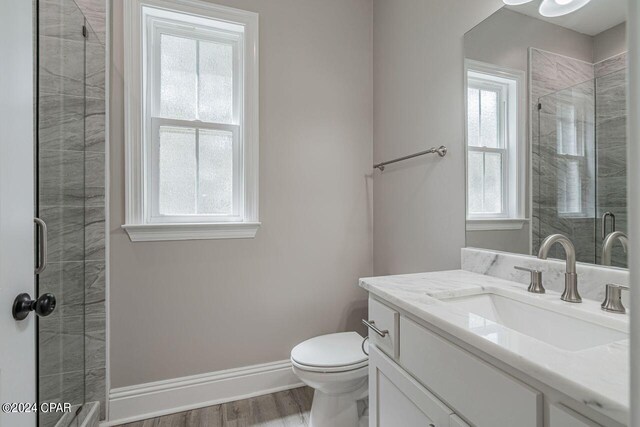 bathroom with vanity, walk in shower, wood-type flooring, and toilet