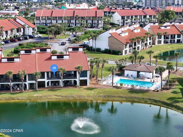 drone / aerial view with a water view