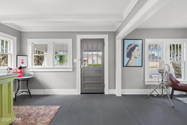 foyer featuring dark hardwood / wood-style flooring, beam ceiling, and crown molding