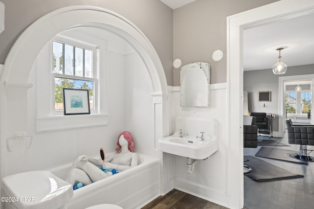 bathroom with plenty of natural light and hardwood / wood-style flooring