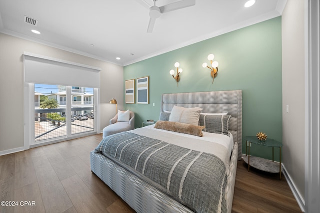 bedroom with ornamental molding, access to outside, hardwood / wood-style floors, and ceiling fan