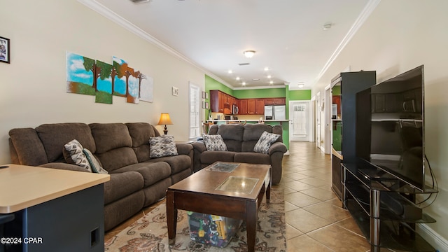 tiled living room featuring crown molding