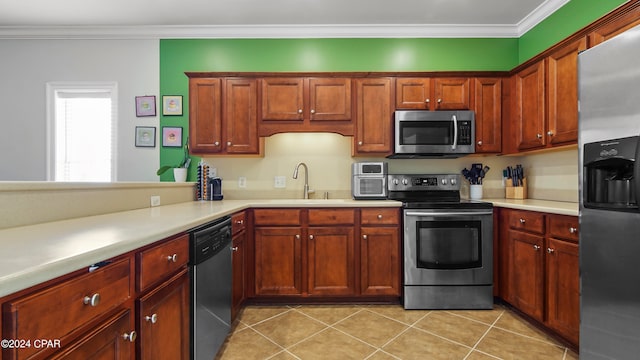 kitchen with light tile patterned floors, stainless steel appliances, sink, and ornamental molding