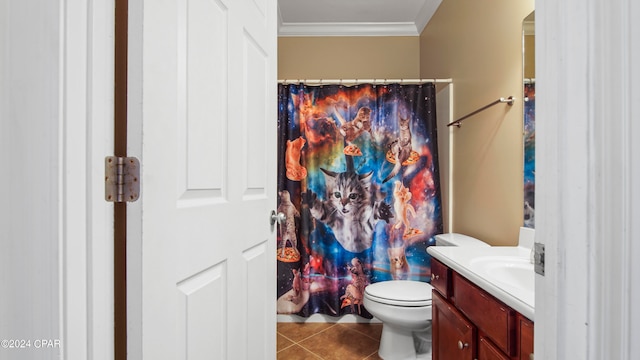 bathroom featuring toilet, walk in shower, tile patterned floors, ornamental molding, and vanity