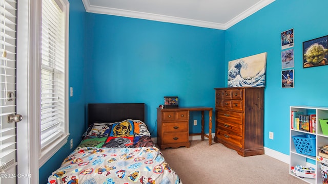 carpeted bedroom featuring crown molding