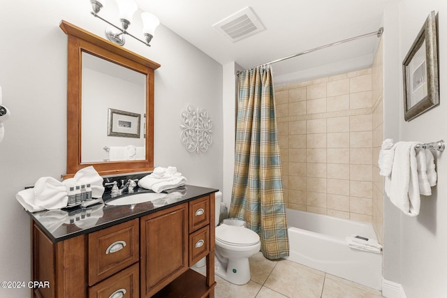 bathroom featuring tile patterned flooring, visible vents, toilet, shower / bath combination with curtain, and vanity