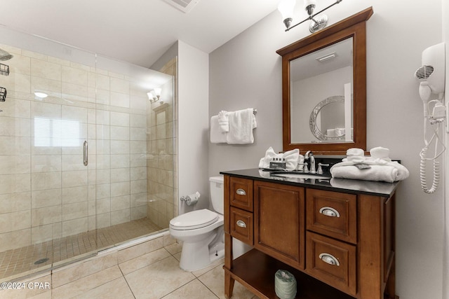 full bathroom with visible vents, toilet, a stall shower, tile patterned flooring, and vanity