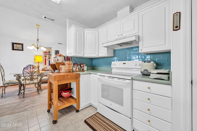 kitchen featuring pendant lighting, tasteful backsplash, a chandelier, white cabinetry, and electric range