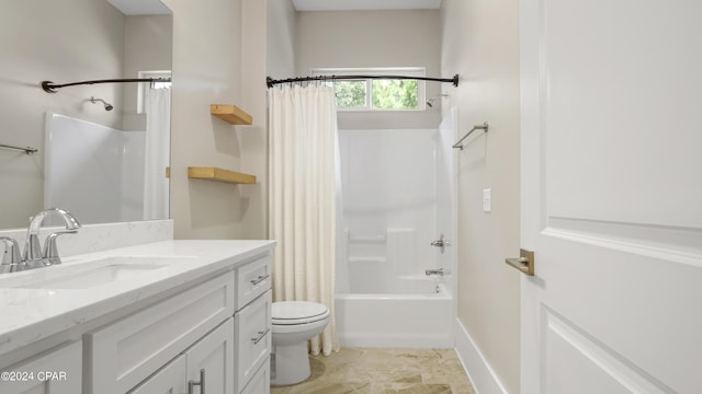 full bathroom featuring tile patterned floors, toilet, vanity, and shower / bathtub combination with curtain