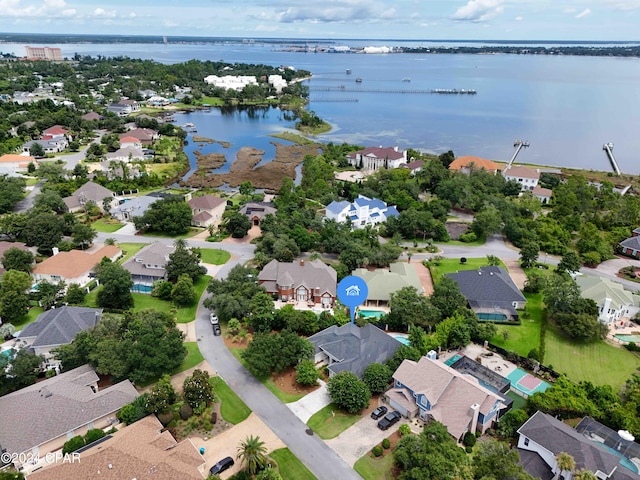 aerial view featuring a water view