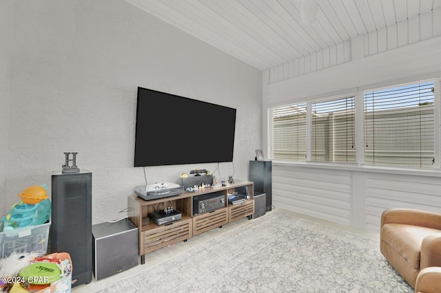 living room with wood ceiling