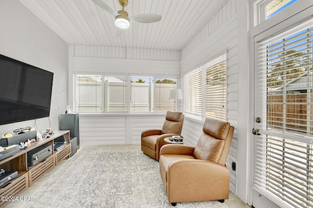 sitting room with ceiling fan and wooden ceiling