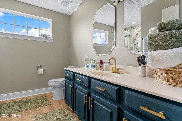 bathroom with vanity, a wealth of natural light, toilet, and hardwood / wood-style floors