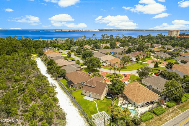 drone / aerial view with a water view