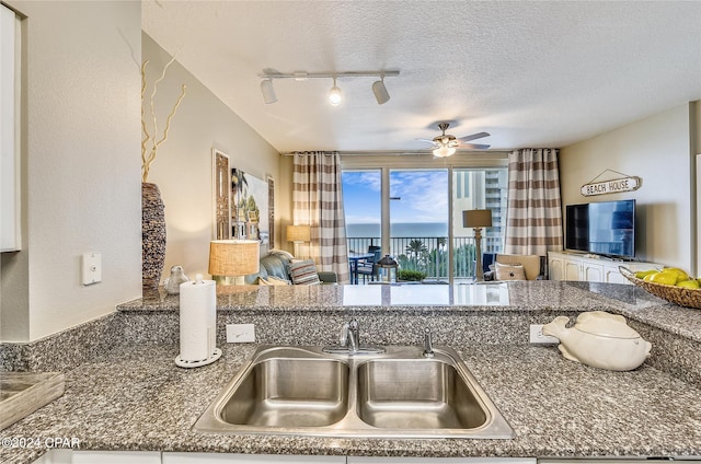 kitchen featuring sink, track lighting, a textured ceiling, and ceiling fan