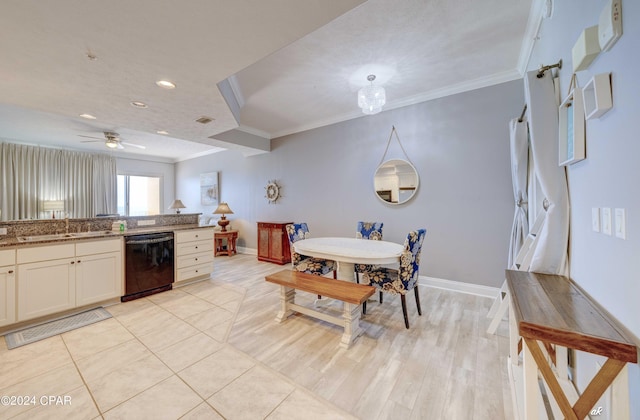 kitchen with sink, crown molding, light hardwood / wood-style floors, and black dishwasher