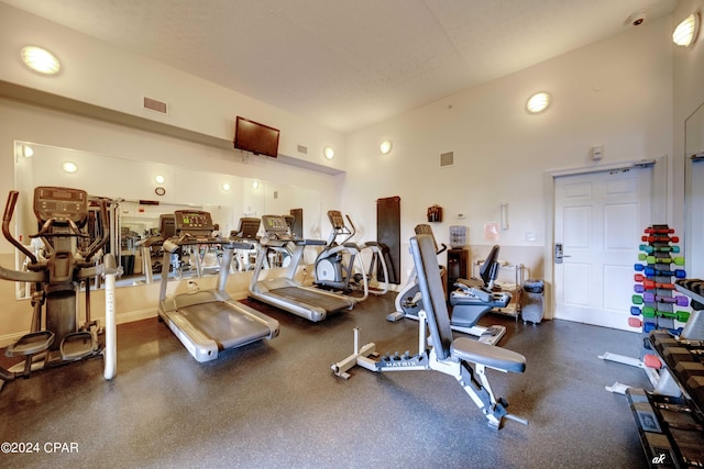 workout area with a high ceiling