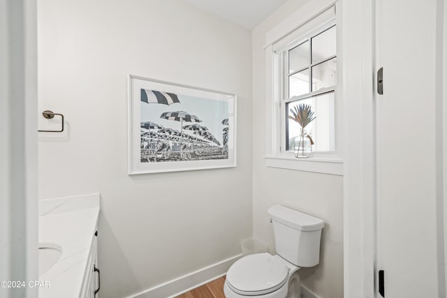 bathroom with hardwood / wood-style floors, vanity, and toilet