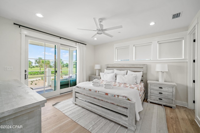 bedroom with access to outside, ceiling fan, and light wood-type flooring