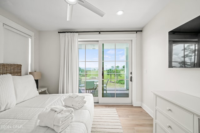 bedroom with ceiling fan, access to exterior, and light wood-type flooring