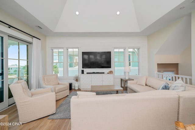 living room featuring plenty of natural light, light wood-type flooring, and lofted ceiling