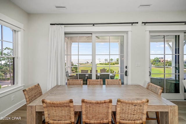 dining area featuring a wealth of natural light and dark hardwood / wood-style floors