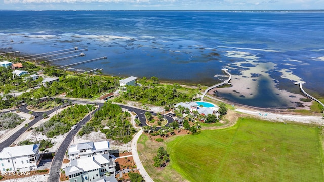 drone / aerial view featuring a water view