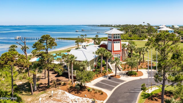 drone / aerial view featuring a water view