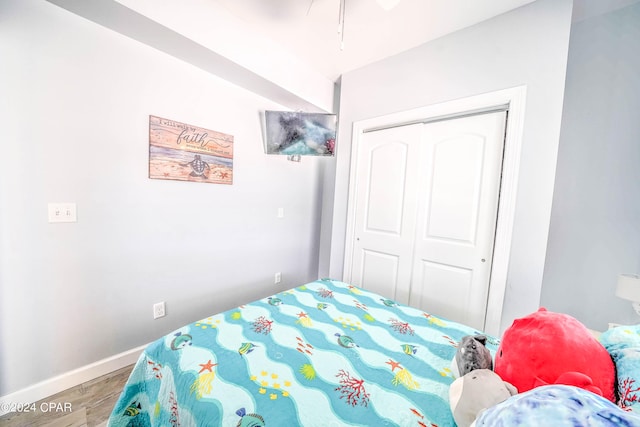 bedroom with a closet and hardwood / wood-style floors