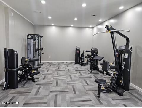 gym featuring recessed lighting, baseboards, and carpet floors