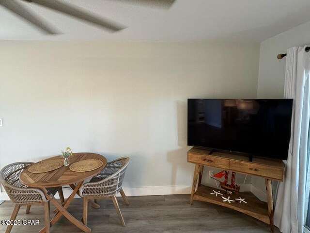 living room featuring ceiling fan and hardwood / wood-style flooring