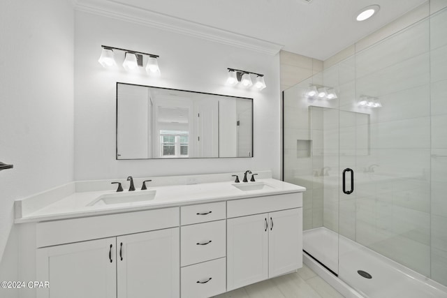 bathroom featuring tile patterned floors, an enclosed shower, ornamental molding, and double sink vanity