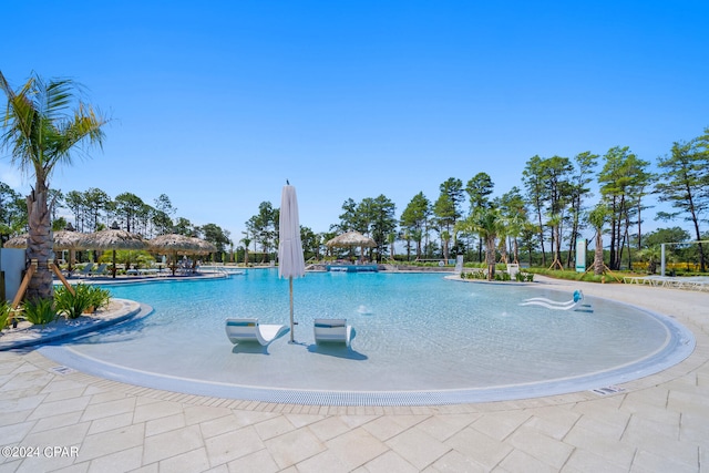 view of swimming pool with pool water feature