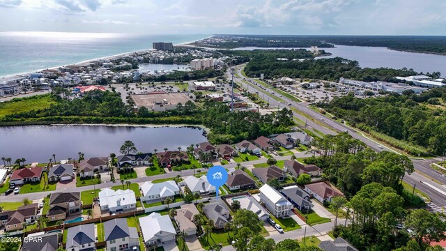 drone / aerial view featuring a water view